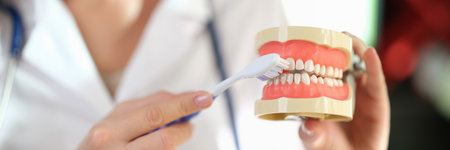 Dentist brushes teeth of artificial model of human jawsの写真素材