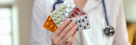 Nutritionist holds fan of different pills in hand in clinicの写真素材