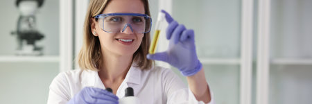 Laboratory assistant examines sample of liquid in test tube