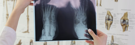 Doctor holds X-ray picture of patient feet in hospitalの写真素材
