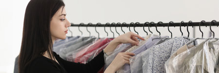 Woman looks for clothes on rack in dry cleaning serviceの写真素材
