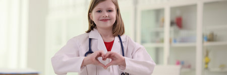 Little girl imitates role of doctor showing heart signの写真素材