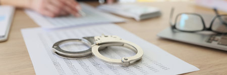 Handcuffs on investigation paper while worker making countsの写真素材