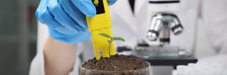 Woman scientist examines soil PH in container with cannabisの写真素材