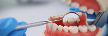 Dentist using mouth mirror inspects teeth back side on modelの写真素材