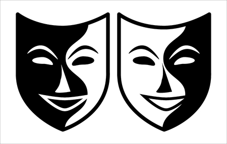 Set of two theatrical masks executed in black and white color.のイラスト素材