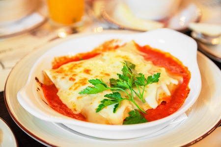 Portion of lasagna in sauce on a white plateの写真素材