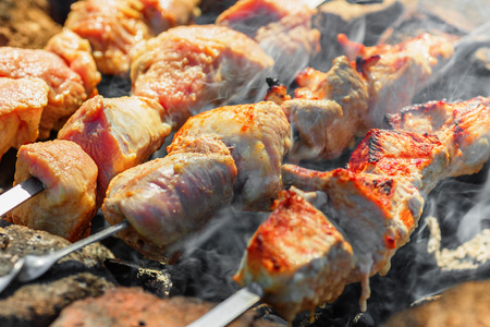 Shish kebab on skewers with smoke over charcoalの写真素材