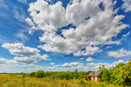 Abandoned hut among trees and bushes beneath cloudy sky in summertimeの写真素材