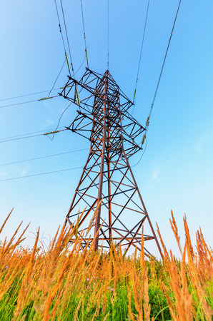 High voltage line beneath the blue skyの写真素材