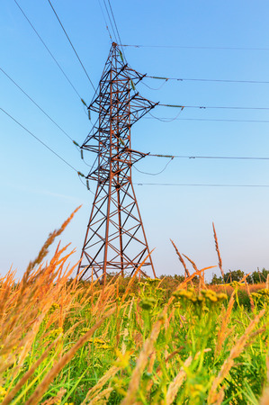 High voltage line beneath the blue skyの写真素材