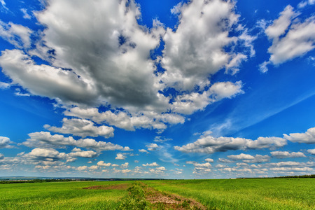 Blue sky with cumulus clouds over the plainの写真素材