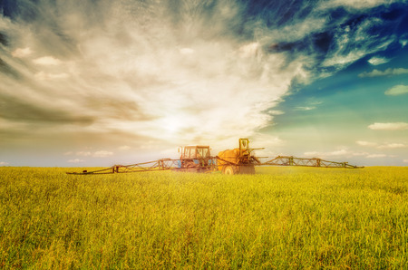 Farming tractor spraying green field beneath blue sky with white clouds and shiningの写真素材
