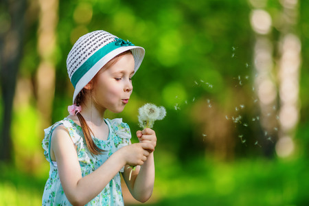 Adorable little girl blowing dandelion in summer parkの写真素材