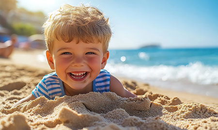 A happy toddler boy plays in the sand at the beach on a sunny day. He is covered in sand and smilingの素材