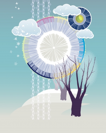 Abstract winter background. Composition of clouds, trees and snow flakes. Transparency, blending modes used.のイラスト素材