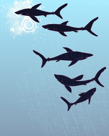 Template poster design with hand-drawn sharks silhouettes.  transparencies used.のイラスト素材