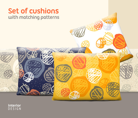 Set of cushions and pillows with matching seamless patterns. Interior, furniture design elements. のイラスト素材