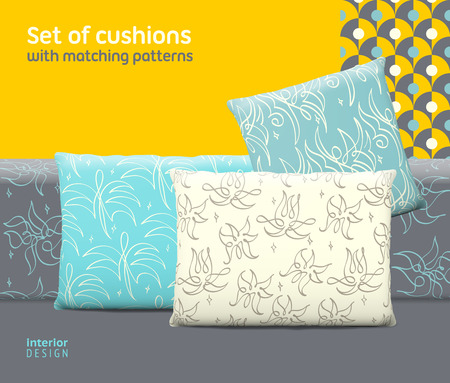 Set of cushions and pillows with matching seamless patterns. のイラスト素材