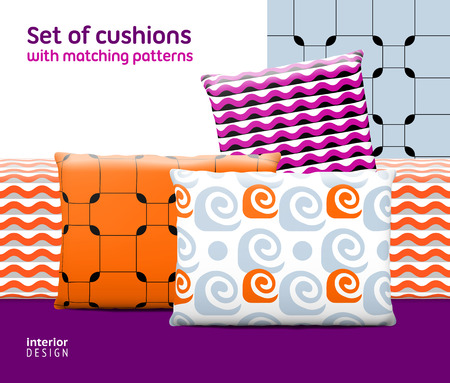 Set of cushions and pillows with matching seamless patterns. Interior, furniture design elements.   のイラスト素材