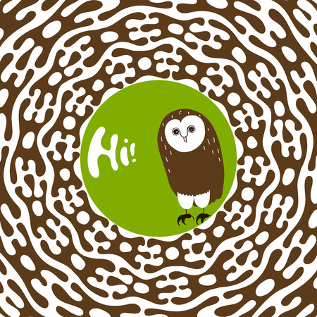 Greeting card design template. Hand-drawn cute animal character illustration. Owl saying hiのイラスト素材