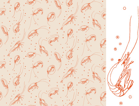 Shrimps. Seamless pattern motif. Orange color linear drawing on beige backgroundのイラスト素材