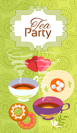 Tea party invitation card. Frame over pattern background, colorful illustration. Clipping mask applied in EPS to hide bleed areaのイラスト素材