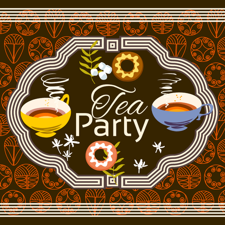 Tea party invitation card. Frame over pattern background, colorful illustration. Clipping mask applied in EPS to hide bleed area. Print size 145 x 145 mmのイラスト素材