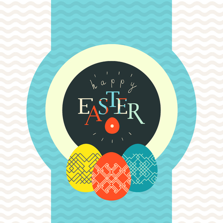 Happy Easter greeting card design. Pained eggs decorated with linear patternのイラスト素材