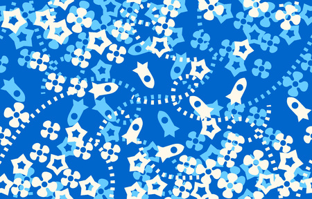 Seamless retro pattern of small flowers, stars and rockets. Simple decorative design.のイラスト素材