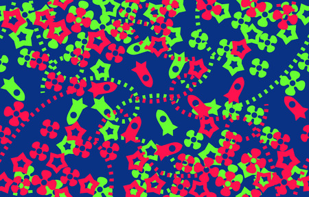 Seamless retro pattern of small flowers, stars and rockets. Simple decorative design.