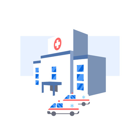 Hospital building and ambulance cars icon. Medical health emergency flat illustrationのイラスト素材
