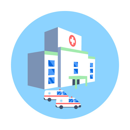 Hospital building and ambulance cars icon. Medical health emergency flat illustrationのイラスト素材