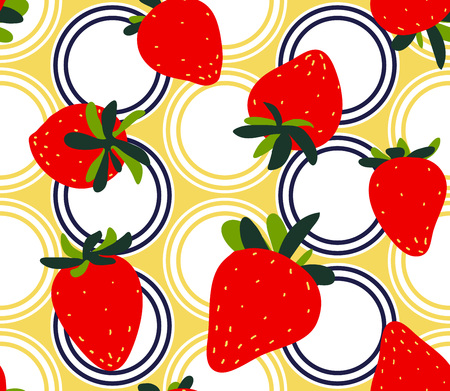 Strawberries seamless pattern. Red strawberry with green leaves on abstract geometric background. Trendy freehand drawing illustrationのイラスト素材