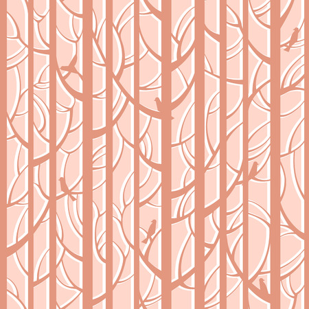 Trees woods seamless stripes pattern. Forest trees with birds, branches and leavesのイラスト素材