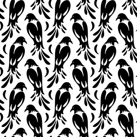Seamless pattern of birds similar to magpie. Stylized silhouettes, black on whiteのイラスト素材