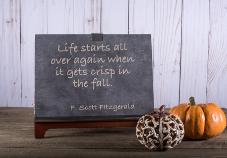 Chalkboard with autumn saying by F. Scott Fitgerald with two pumpkins