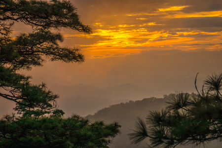 Mountain valley during sunset. Natural rainy season landscape in Thailandの写真素材