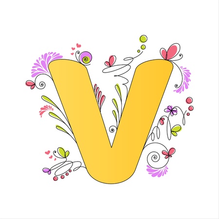 Illustration of colorful floral alphabet  Letter Vのイラスト素材