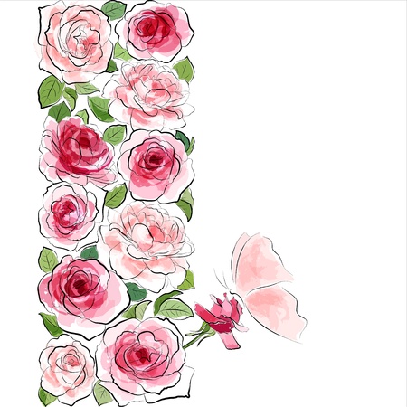 Stylish floral background  Blooming pink roses with butterfly のイラスト素材