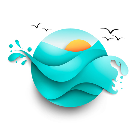 Illustration of the sea with sun in circle shape on white background. Vector icon. Paper art illustrationのイラスト素材