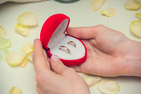 Bride is holding a box with wedding rings. Toned photo