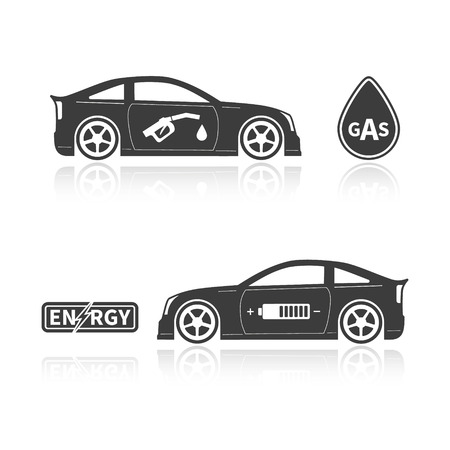 Car silhouettes isolated on white background. Gas car and eco car. 
Ð¡oncept alternatives. Vector illustrationのイラスト素材