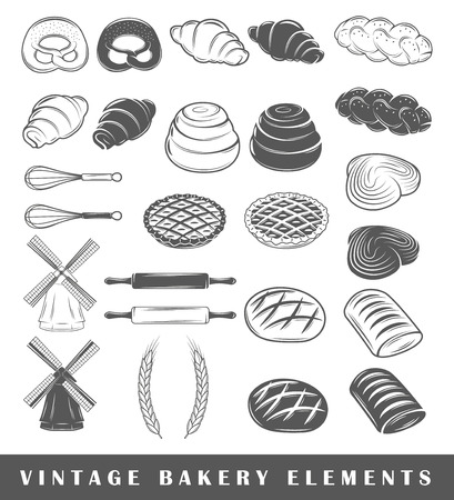 Set of silhouettes isolated on white background. Retro bakery elements. Vector illustrationのイラスト素材