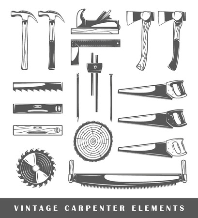 Vintage carpenter elements: axe, nail, circular saw, surface gauge, saw, level, section, plane, hammer, pencil. Set of silhouettes carpenter tools isolated on white background. Vector illustrationのイラスト素材