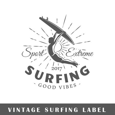 Surfing label isolated on white background. Design element. Template for logo, signage, branding design. Vector illustrationのイラスト素材