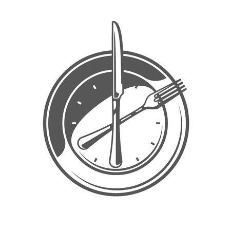 Plate, fork and  knife isolated on white background. Symbol for cooking design logo and emblem. Vector illustrationのイラスト素材