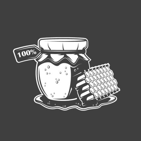 Bank of honey and honeycomb isolated on black background. Vector illustrationのイラスト素材