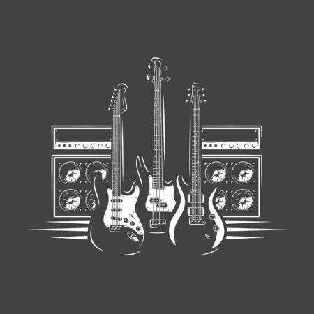 Three guitars and concert speakers isolated on black background. Design element for music logos, labels, emblems. Vector illustrationのイラスト素材