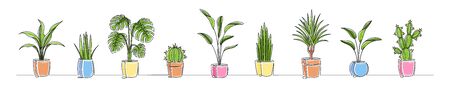 Set of continuous one line drawing of a flowers in a pots. Beautiful flowers isolated on a white background. Vector illustrationのイラスト素材